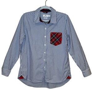 Vineyard Vines Button Down Shirt Size 8 Blue Stripe Plaid Pocket Preppy Coastal